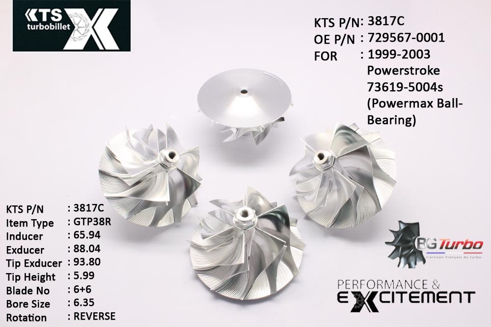 Turbo ROUE FORGÉE MFS PERFORMANCE - 6+6 PALES - INDUCER : 65,94 - EXDUCER : 88,04 - TYPE : GTP38RANGLE : 60° - ROTATION : Reverse - SUPER BACK : 4,64 - BORE SIZE : 6,35
